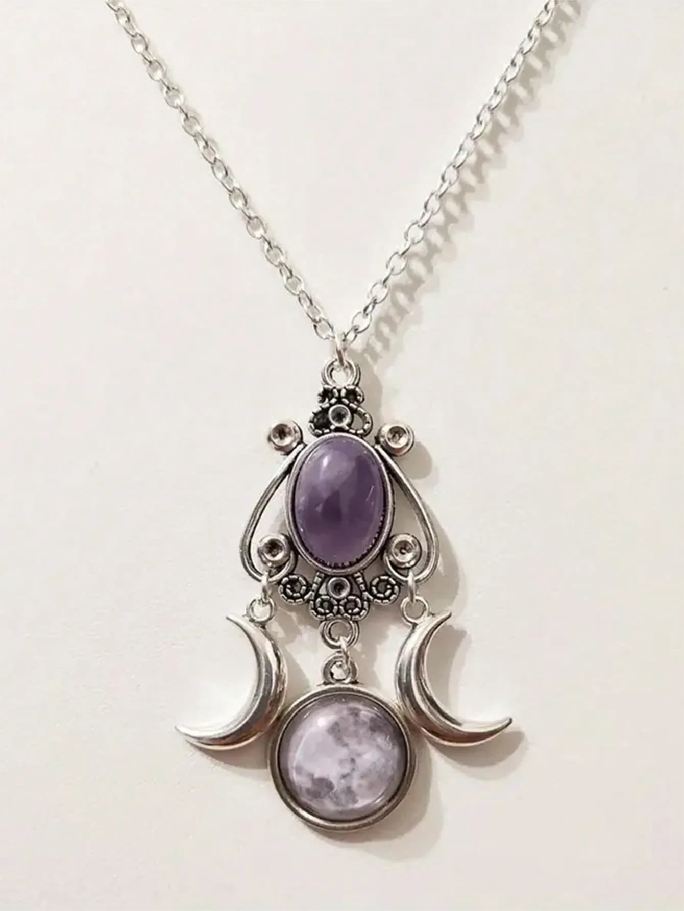 Collana con Ciondolo Luna in Ametista Stile Bohemien alla Moda, Idea Regalo Donna - Offerta Imperdibile