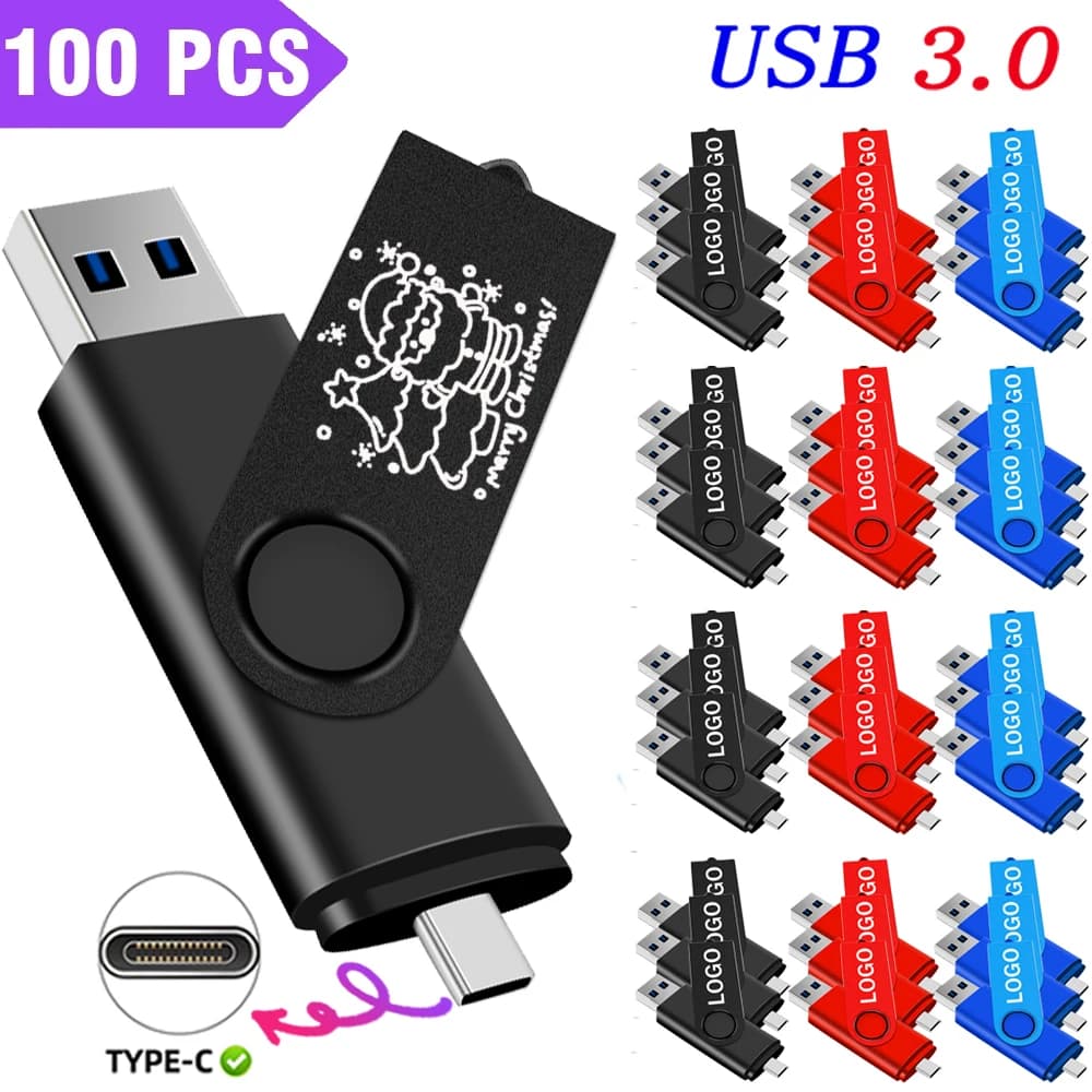 100 pz TYPE-C USB3.0 Flash Drive 128 GB Regali Di Natale Pen Drive 64 GB Logo Personalizzato Gratuito Memory Stick 32G Capacità Reale U Disco 16G
