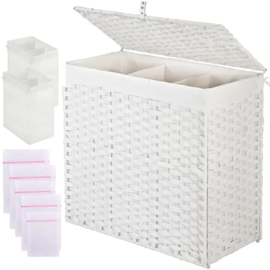 Cesto Portabiancheria con Coperchio, Cesto in Vimini da 125L con 2 Sacchi Interni Rimovibili e 5 Sacchi in Rete, in Rattan Intrecciato a Mano