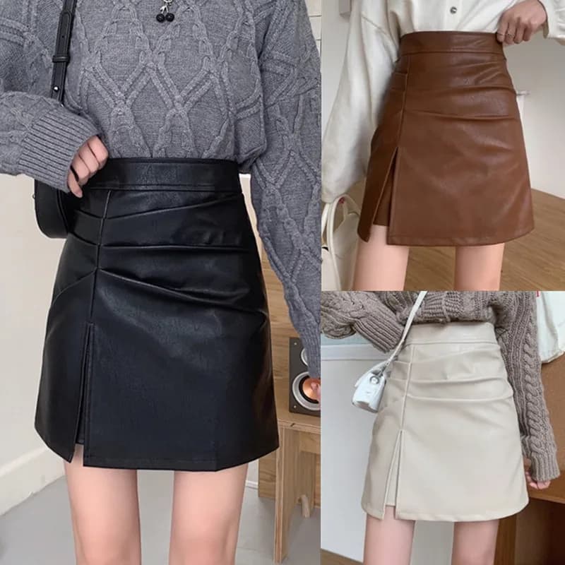 Gonna a Vita Alta a Trapezio da Donna in Pelle PU, Stile Coreano, che Nasconde la Pancia, Svasata, Tinta Unita, Primavera