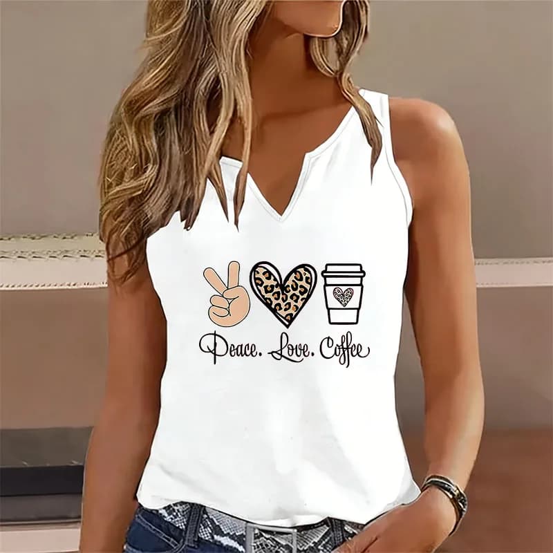 Peace Love Coffee T-shirt senza maniche con scollo a V, gilet casual alla moda, t-shirt da donna a maniche corte con scollo a V