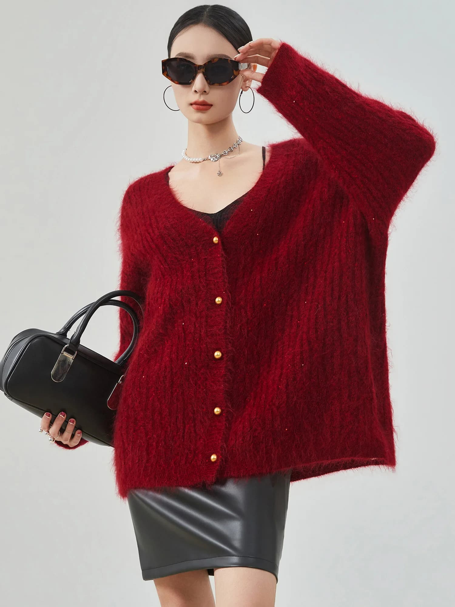 Red Fluffy V-Neck Knitted Open Cardigan Women's Loose Soft Sweater Jacket Trendy Spring New Arrival Comfortable Polyester Fiber