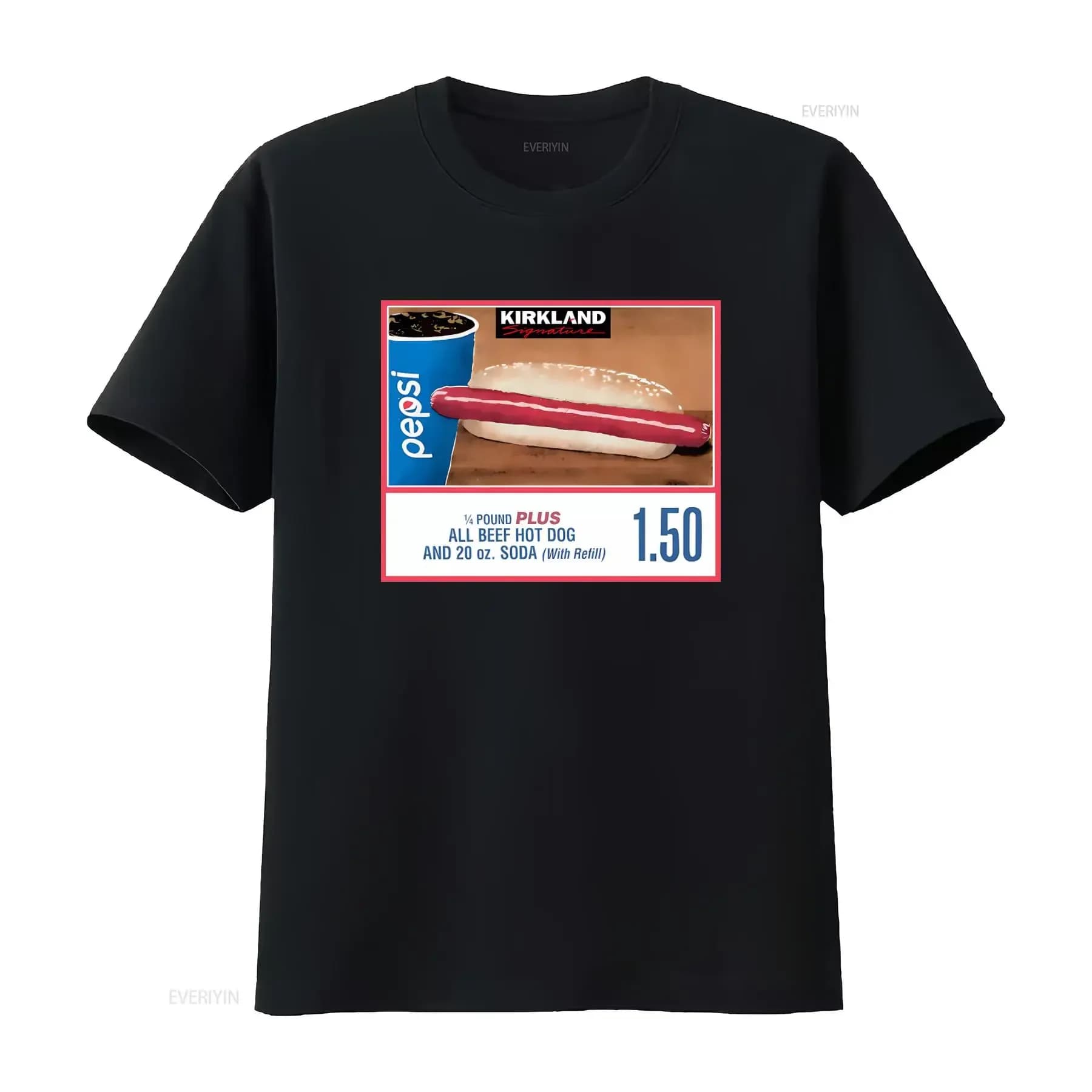 Maglietta Costco Hotdog con design vintage lavato, streetwear morbido ed elasticizzato, con stampa di hot dog interamente a base di manzo da 1,4 libbre e soda da 20 oz.
