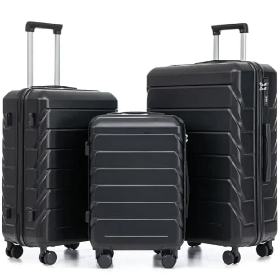 Luggage Sets 3 Piece Suitcase for Travel, ABS Hardshell Material, Black Color, Lightweight with Spinner Wheels
