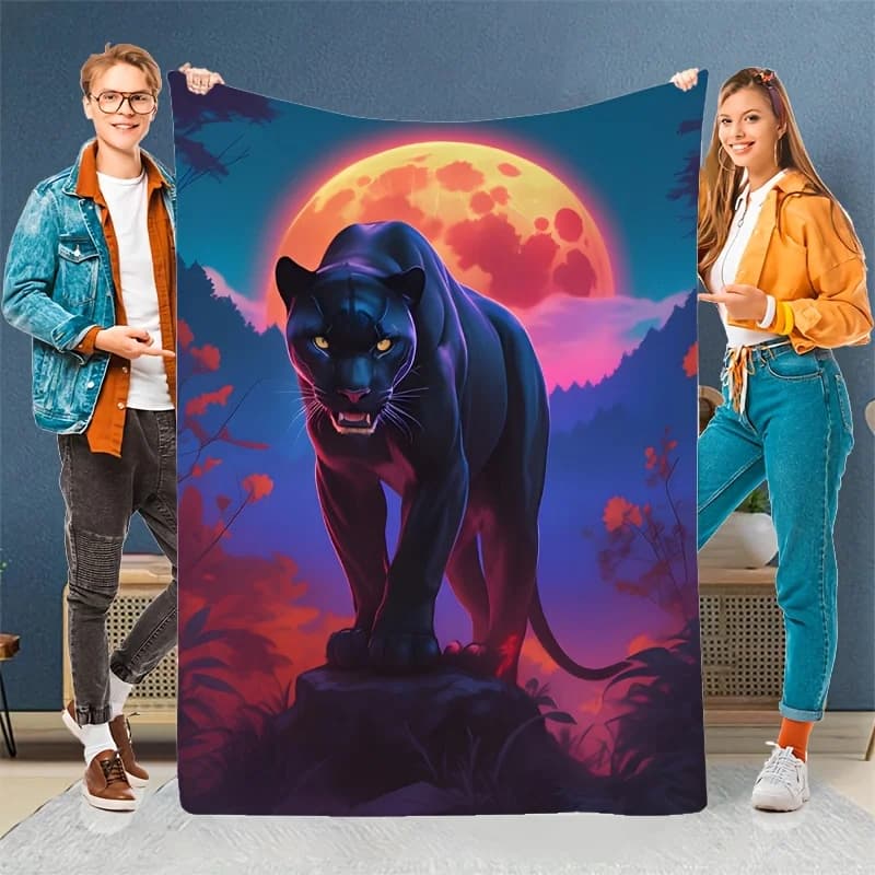 Sunset Mystery Black Panther Theme Coperta stampata in flanella adatta a tutte le stagioni adatta per i viaggi del divano dell'ufficio del soggiorno