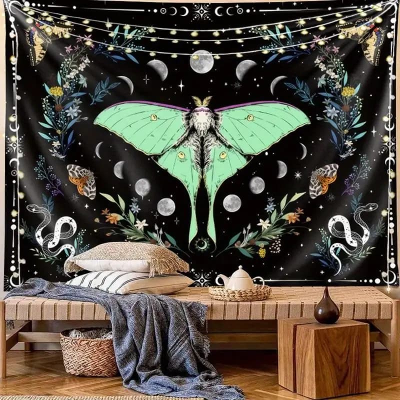VIKAMA Moth Butterfly Moon Phase Tapestry Polyester Wall Hanging Living Room Bedroom Yoga Meditation Witchy Boho Home Decor