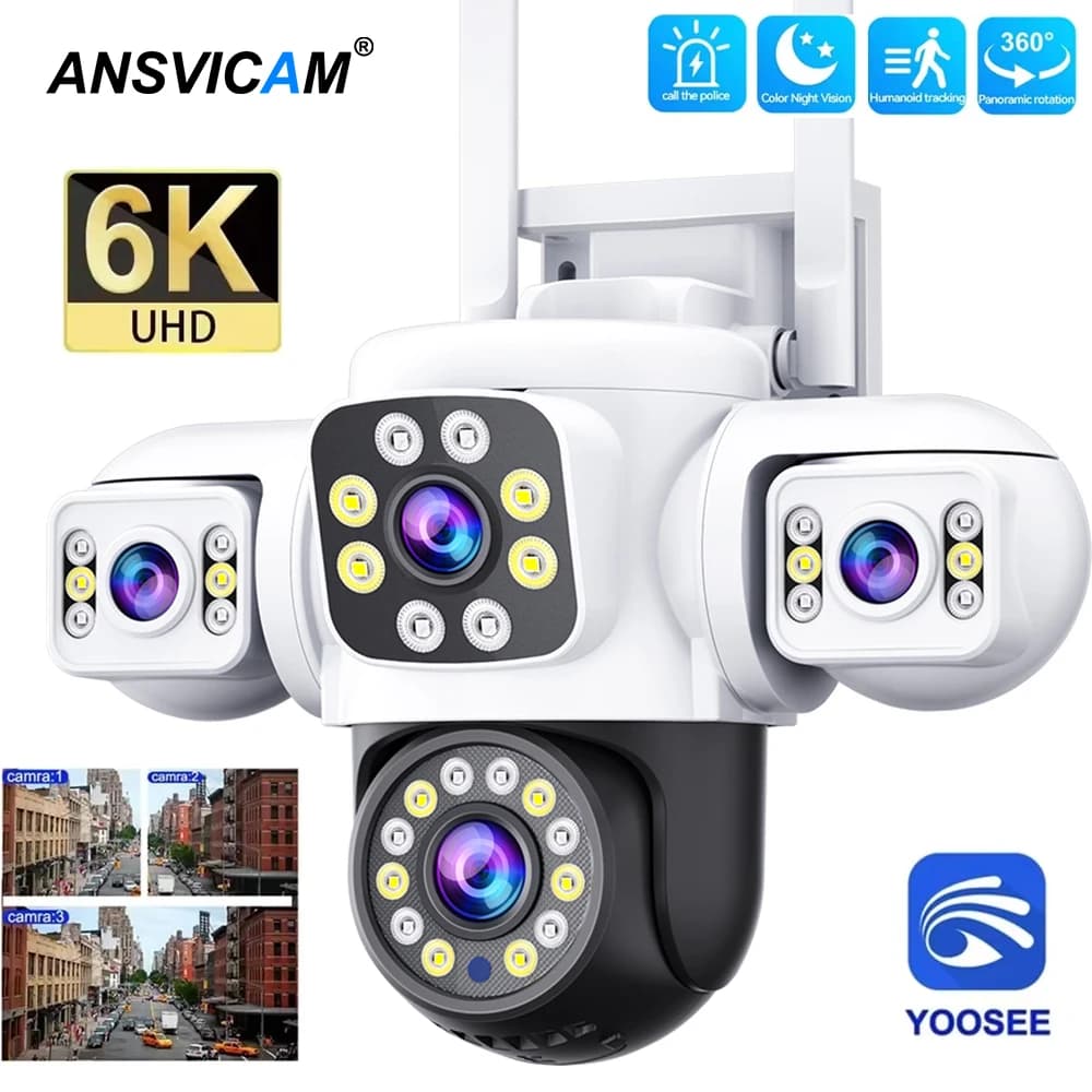 ANSVICAM 6K 12MP triplo schermo triplo obiettivo WiFi esterno PTZ 360 ° Telecamera di sorveglianza CCTV IP66 Yoosee per sicurezza completa