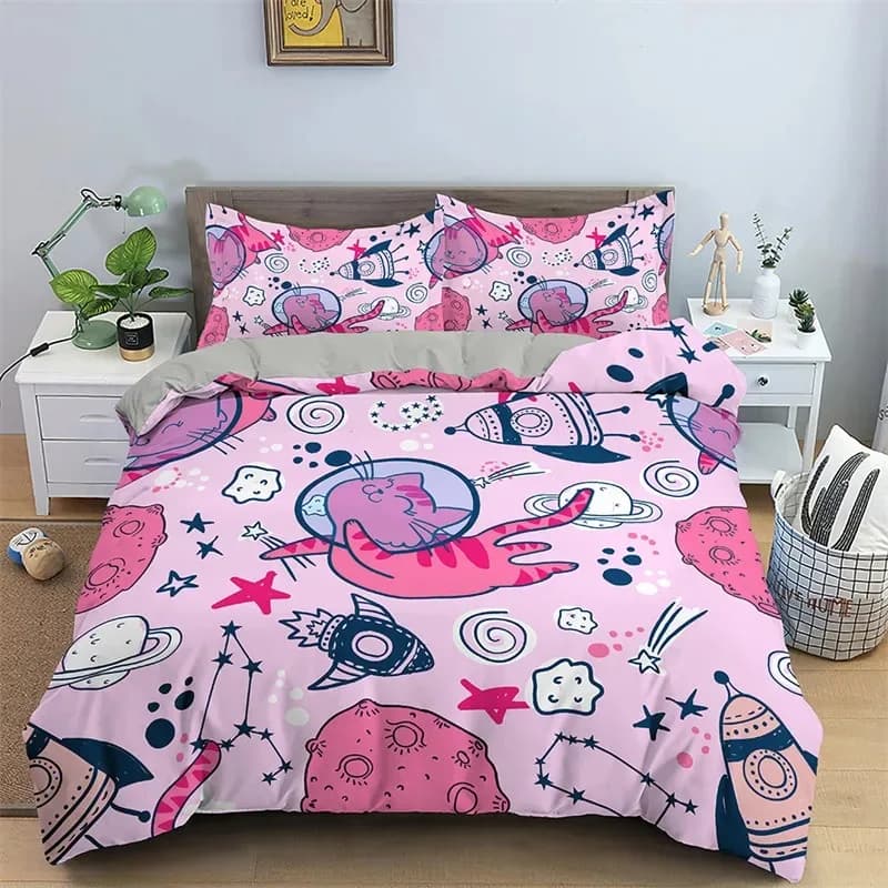 Set biancheria da letto simpatico gatto 2-3 pezzi Set copripiumino per camera da letto Set copripiumino in poliestere singolo doppio formato Federa per ragazza ragazzo adulto