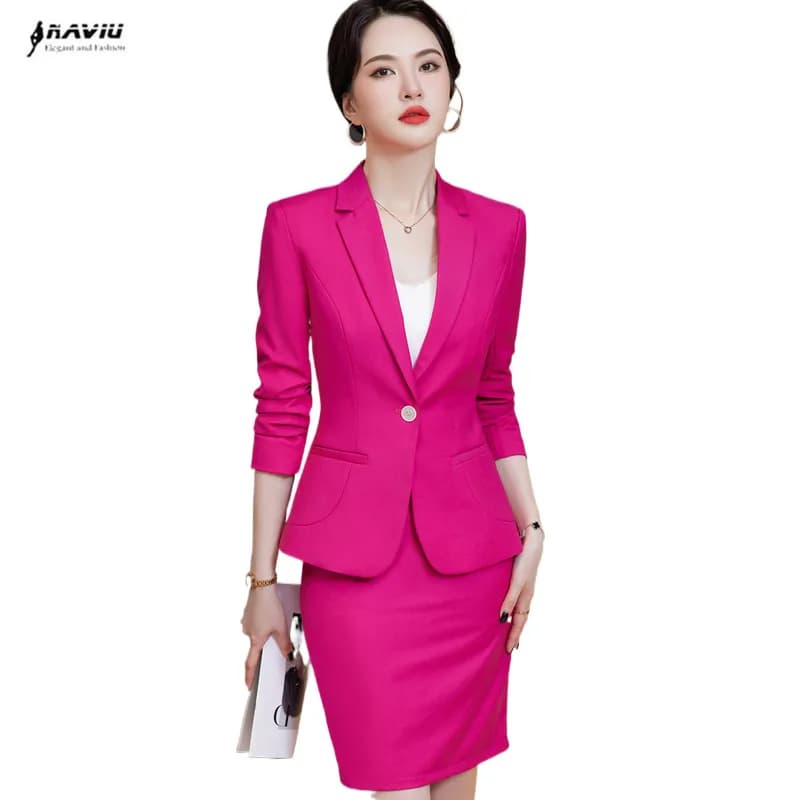 NAVIU Slim 2 Piece Sets For Women 2024 New Fashion Office Ladies Long Sleeve Notched Single Button Blazers Chic Skirt Suits