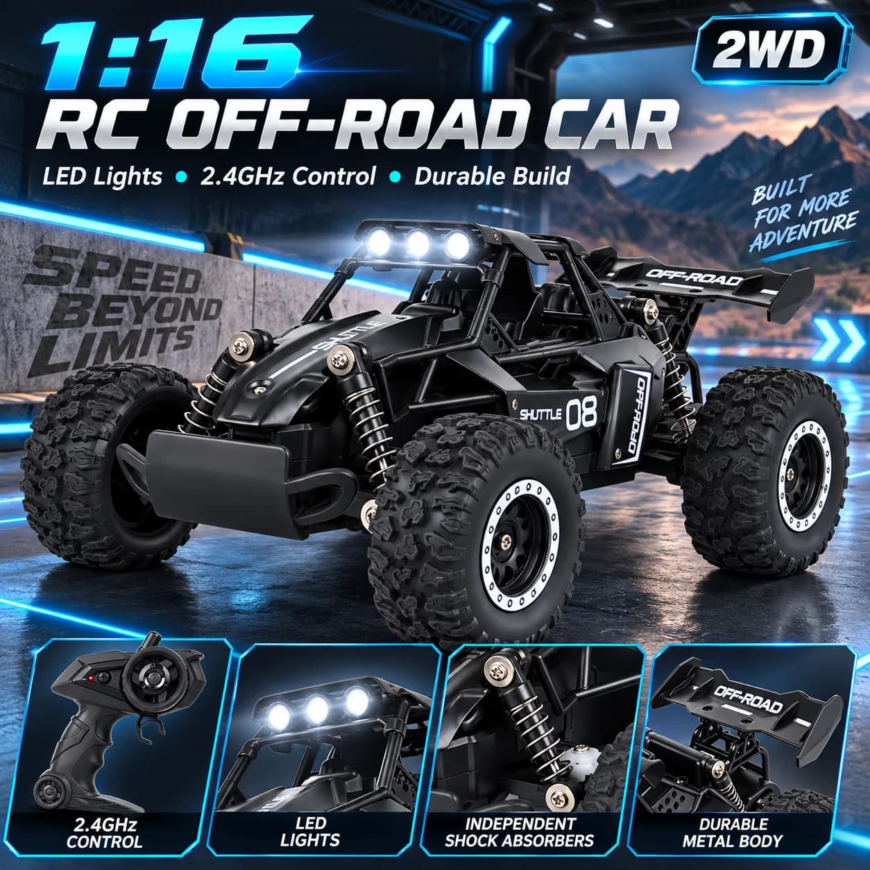 ZNLYRION RC Off Road Car 1:16 2.4G Wireless Remote Control High Speed Buggy With LED Light Toy Racing Vehicle