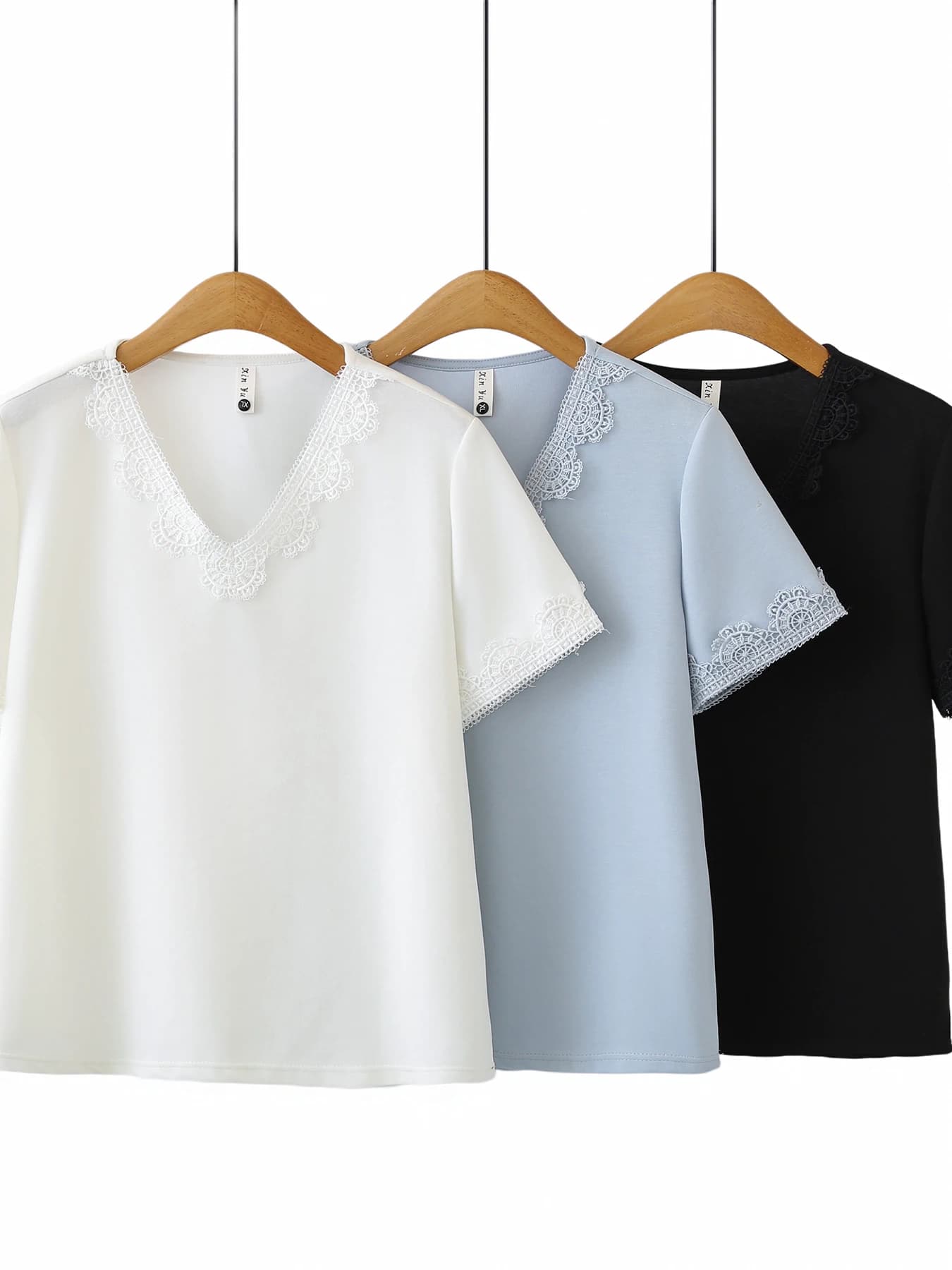 Summer New plus Size Overhead Sweater Loose Belly Concealing Design Lace Splicing Short Sleeve T-Shirt Casual Style Polyester...