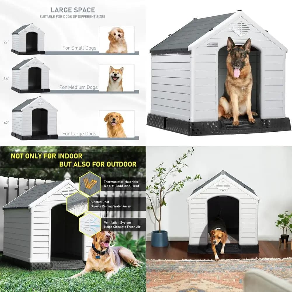 Cuccia per Cani in Plastica Robusta e Impermeabile per Cani di Piccola e Grande Taglia, Rifugio per Cuccioli da Interno/Esterno con Pavimento Rialzato, Facile Montaggio