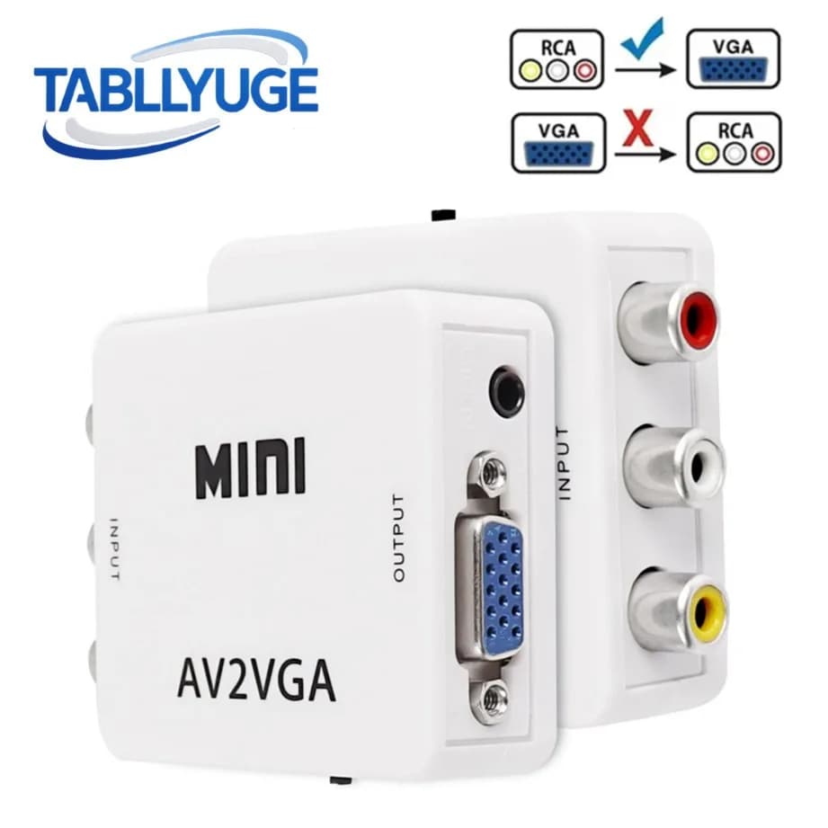 TABLLYUGE Scatola adattatore convertitore da AV a VGA Adattatore video Mini RCA a VGA con jack audio da 3,5 mm/cavo USB per proiettore PC TV DVD