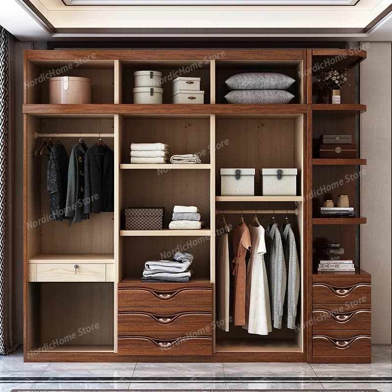Armadio a Muro in Legno per Camera da Letto, Stile Nordico, Multistrato, Aperto, Organizzatore e Contenitore, Arredamento Casa