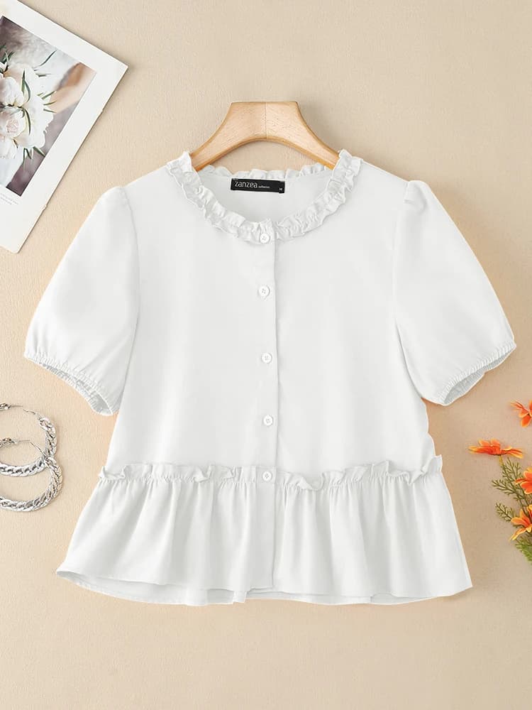 ZANZEA Elegante camicia da lavoro increspata 2025 Camicetta estiva Donna Manica corta Bottoni Top Casual Solid Camicie da vacanza Mujer Oversize