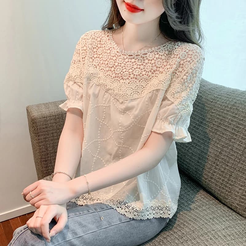 Camicetta Elegante da Donna a Maniche Corte in Pizzo, Nuova Collezione Estate 2026, Top Ampio in Chiffon che Nasconde la Pancia, Camicia Piccola alla Moda