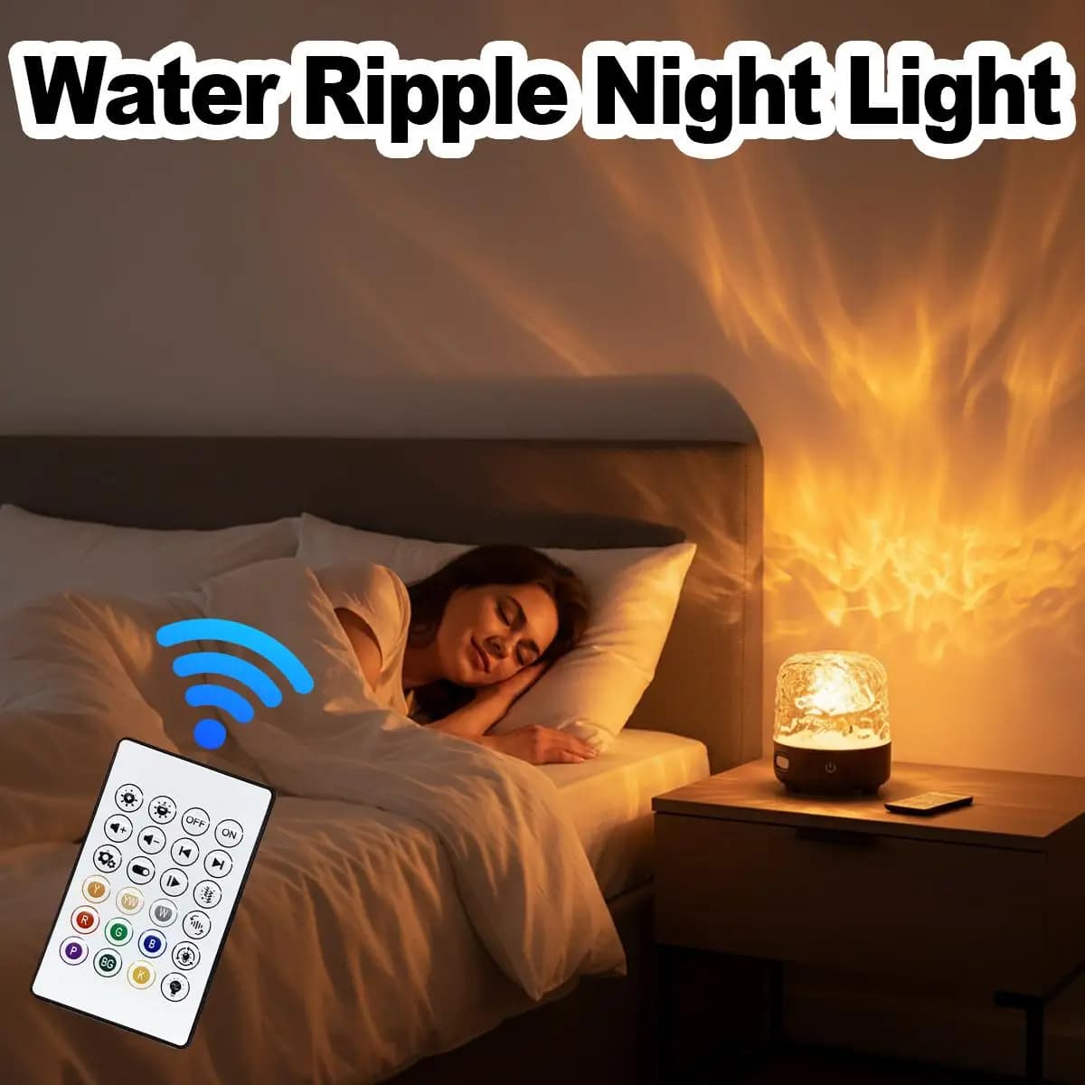 Lampada Notturna LED con Effetto Acqua, Altoparlante Bluetooth Wireless, Telecomando, Base in Legno, Lampada da Comodino Decorativa per Casa