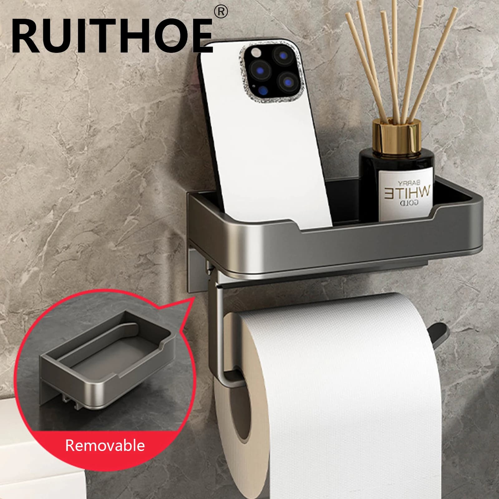 Portarotolo per carta igienica Spazio in alluminio montato a parete Portarotolo per carta igienica nera Accessori per il bagno Scaffale per decorazioni hardware