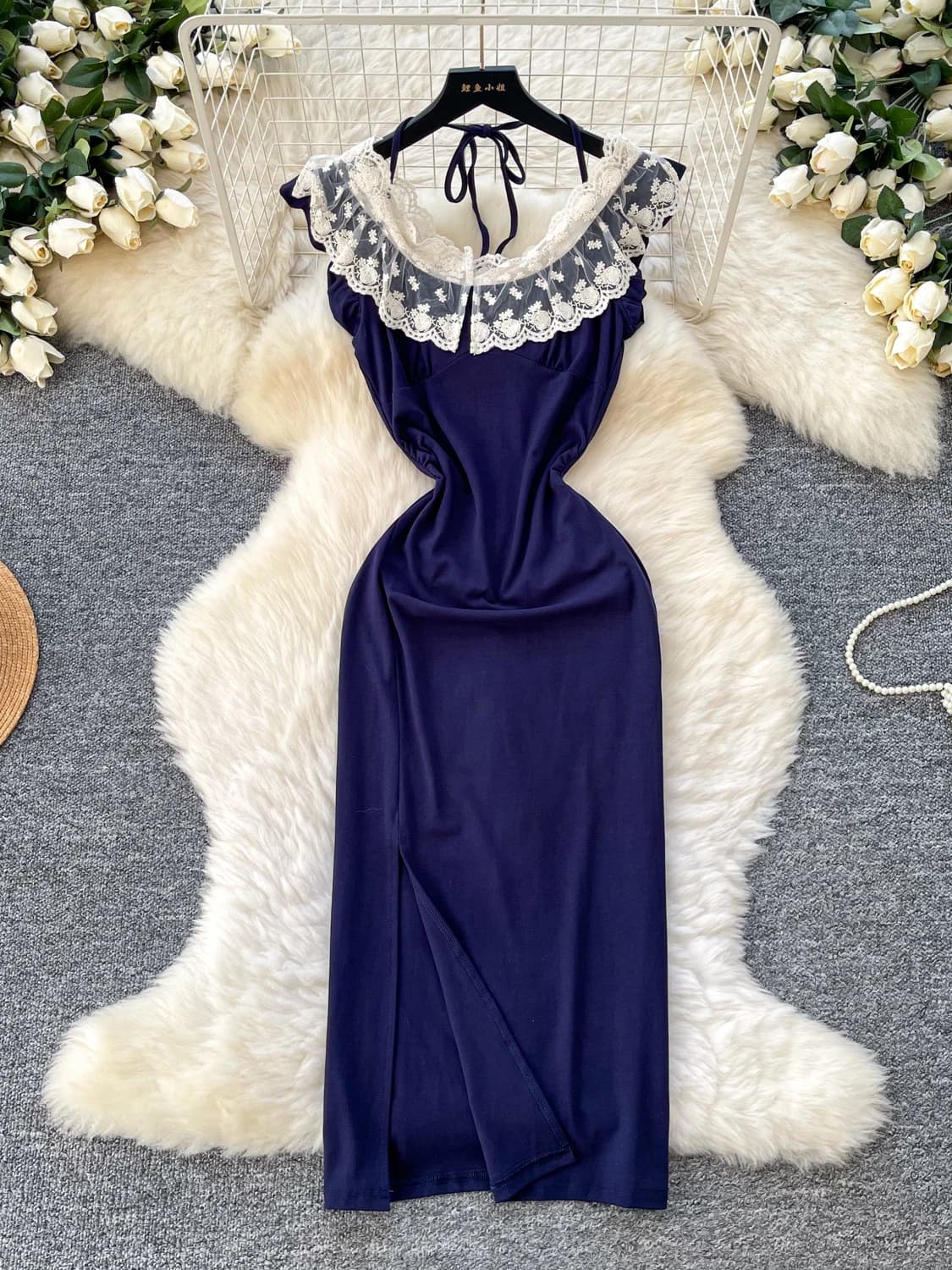 Abito da damigella d'onore estivo in pizzo, sexy, senza maniche, a trapezio, da donna, in fibra di poliestere, a vita alta, girocollo