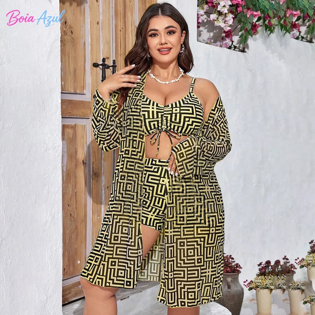Plus Size three Piece Swimsuit Set Geometric Print Drawstring Cami Top Long Sleeve Cover Up Beach Bathing Suit