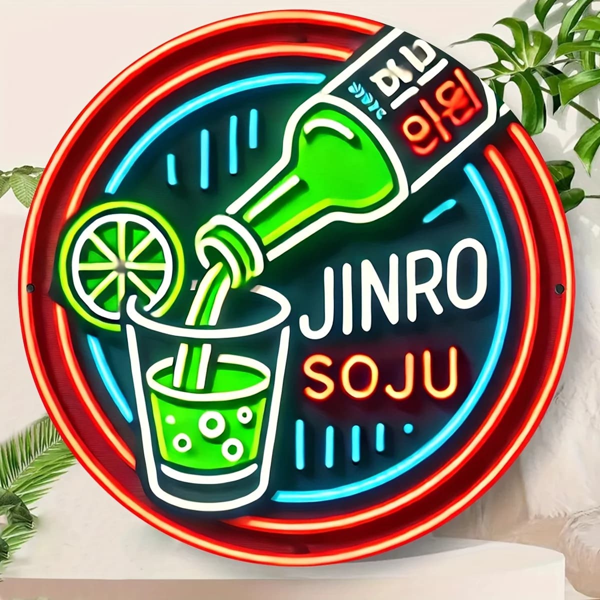 Insegna piatta 2D in alluminio, 1 pezzo, insegna in stile neon JINRO Soju - Decorazione da parete rotonda, non luminosa, fori pre-forati per una facile installazione