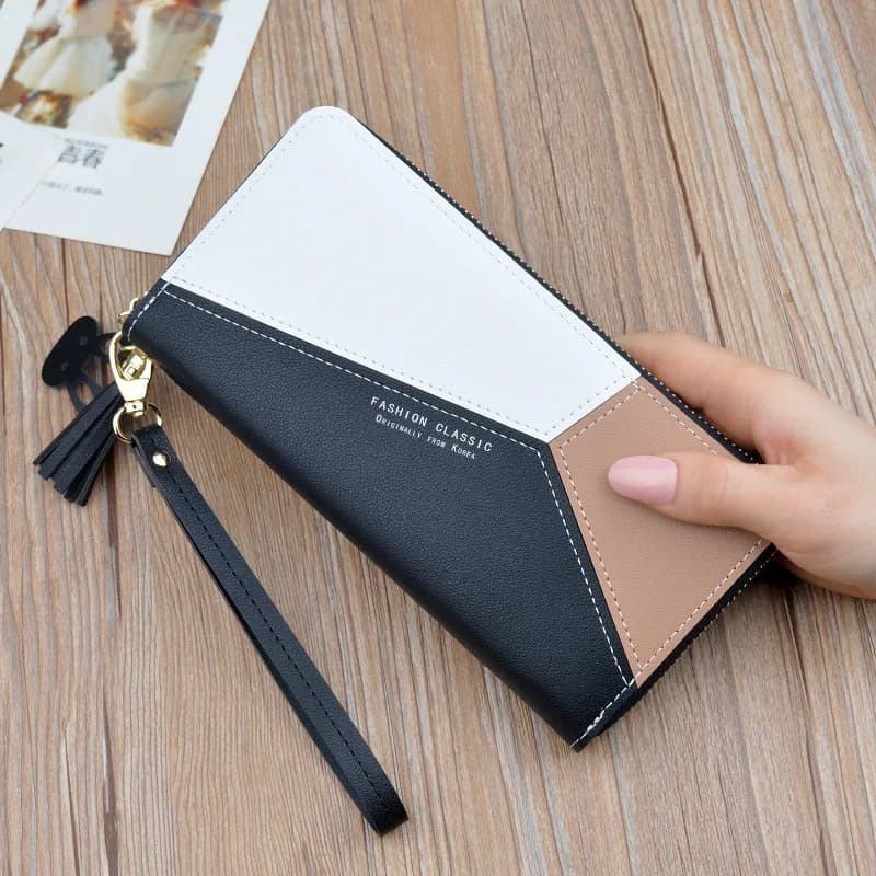 New Women's Long Wallet Fashionable Color Blocking Zipper Korean Style Handheld Bag Large Capacity Mobile Phone Clip