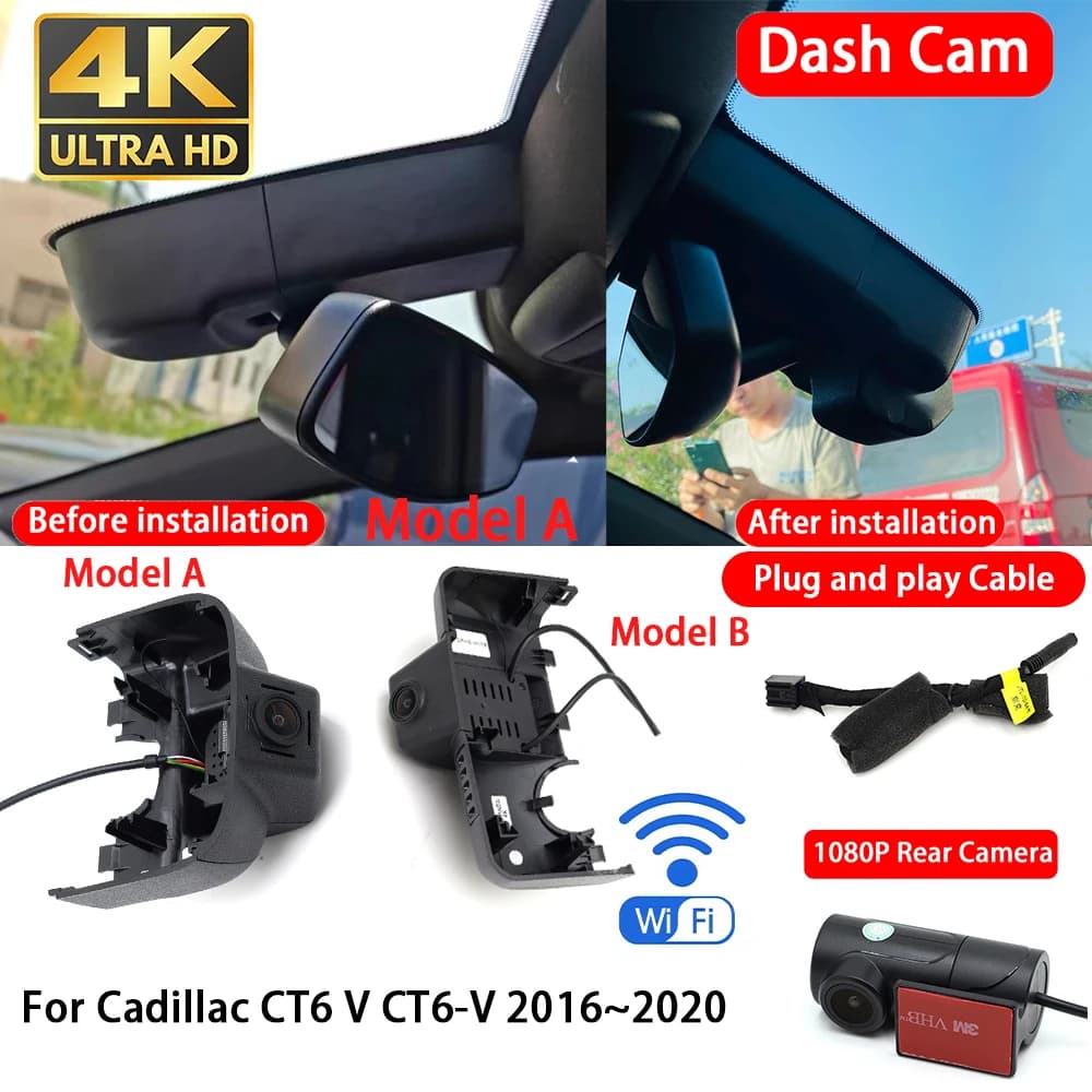 for Cadillac CT6 V CT6-V 2016~2020 4K 2160P Dash Cam Front Rear Car Camera DVR Wifi Plug & Play Video Recorder Loop Recording
