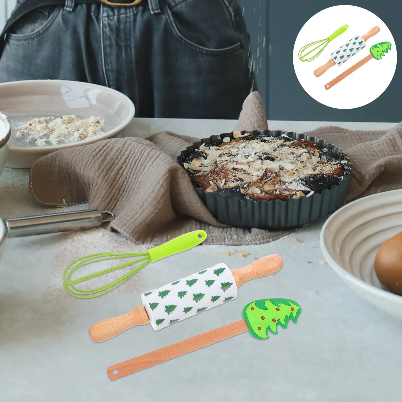 Set di 3 Utensili da Cucina in Silicone per Natale, Mattarello Antiaderente Resistente al Calore per Biscotti