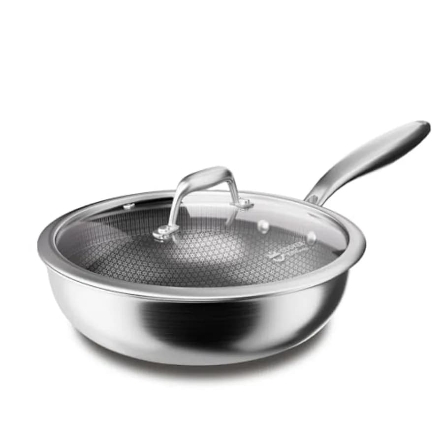 Wok Ibrido in Acciaio Inossidabile con Coperchio, Padella Antiaderente per Saltare in Padella e Padella Profonda, Tri-Ply Clad Honeycomb, Padella Quotidiana per Induzione