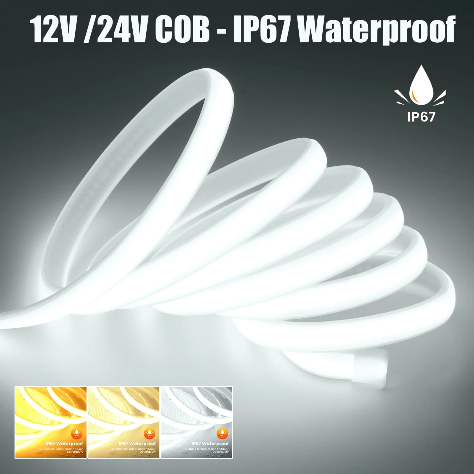 Striscia COB DC12V 24V con cavo 2PIN /DC IP67 Impermeabile Decorazioni per la casa per esterni Corda flessibile a nastro LED Luce al neon 3000K 4000K 6000K