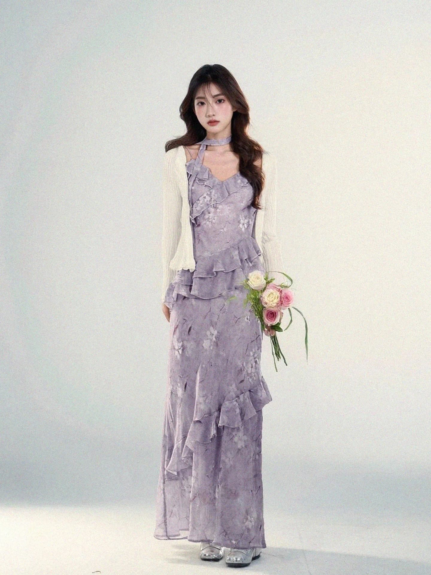 Purple High Waist Strapless Dress Women's A-Line Korean Style Soft Waist Cinching Long Dress Spring 2026 Commute Friendly
