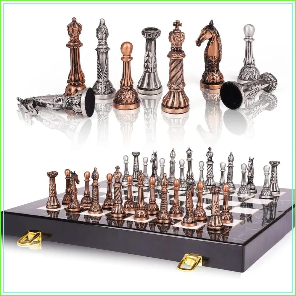 Retro Metal Chess Set – Marbling Board & Metal Pieces – Folding Travel Chess for Adults & Beginners