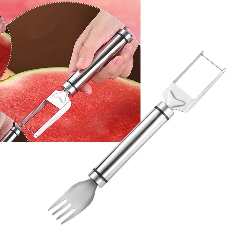 Tagliafrutta 2 in 1 in acciaio inossidabile, affettatrice per forchetta per anguria a doppia testa per gadget da cucina domestici Taglierina per cubetti di melone