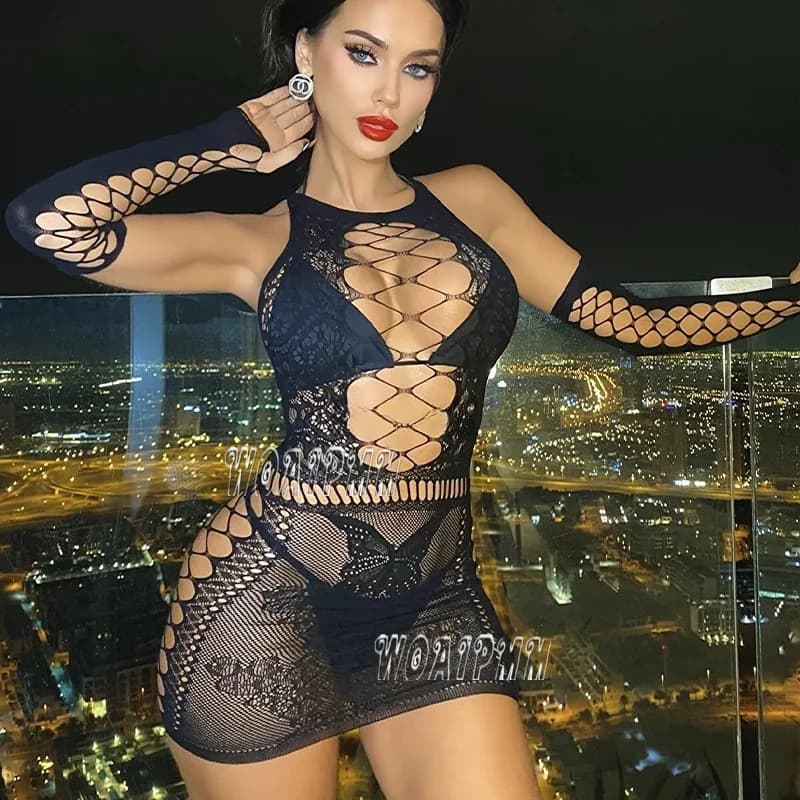 Abito caldo Crotchless Lingerie sexy Abito Maglia da donna in pizzo Hollow Body Teddy Babydoll Abito con guanti Biancheria intima erotica