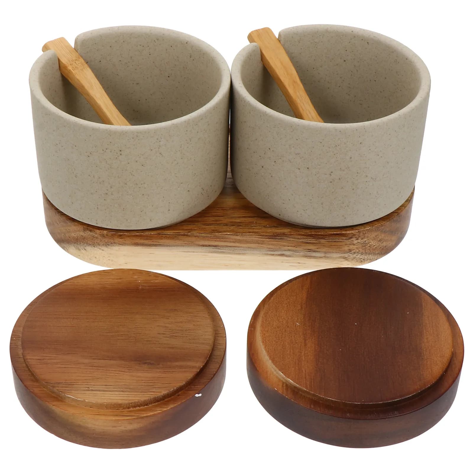 Set di 2 Barattoli per Spezie in Ceramica e Legno con Coperchio e Cucchiaio per Conservare Sale, Pepe e Spezie, Uso in Cucina e All'aperto