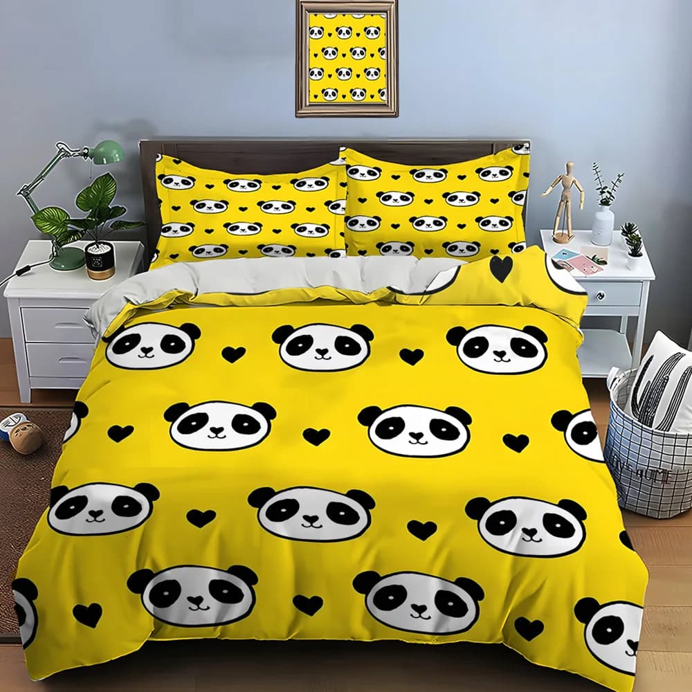 Set copripiumino con motivo testine di panda carine con cuori neri, stampa digitale, biancheria da letto in poliestere con chiusura a cerniera, ideale come regalo per bambini