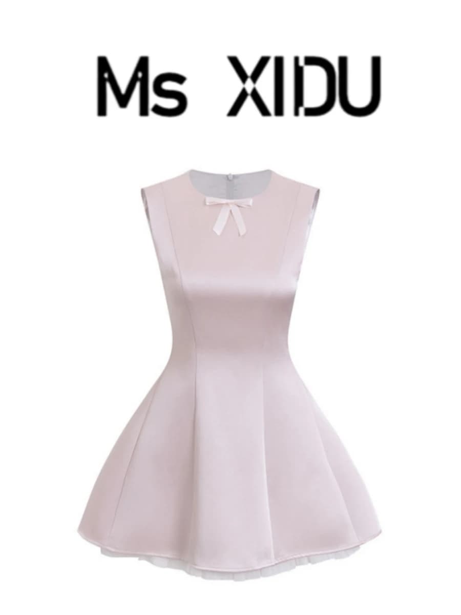 Abito da donna XIDU in raso rosa chiaro, estivo, in tulle a rete, stile balletto, senza maniche, gonna a sbuffo, con cerniera e scollo rotondo