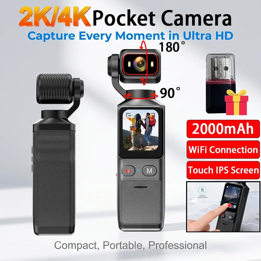 4K/2K Pocket Video Camera with Gyro-EIS Stabilization 180° Rotatable Lens 1.69" Touch Screen WiFi Action Cam for Travel Vlog