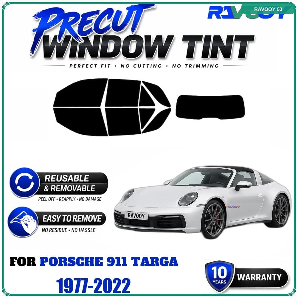 RAVOOY Precut Window Tint, Reusable Removable EPU Film, Custom Fit for Porsche 911 Targa 1977-2022, UV Heat Protection