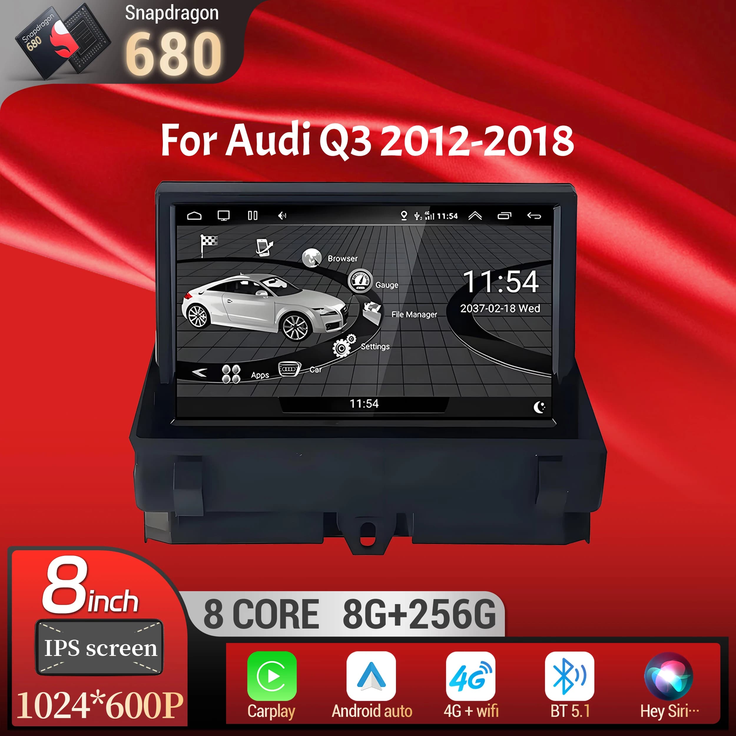 8 inch Android 14 For Audi Q3 2012-2018 Wireless Bluetooth Carplay Head Unit Qualcomm Snapdragon 680 Touch Screen Stereo System