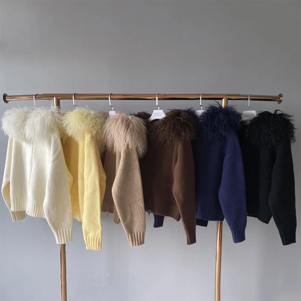 Jaxmonoy Women Sweater with Real Fur Ladies Fall Fashion Hooded Knitted Cardigan Big Mongolian Sheep Fur Collar Jacket 2025 New