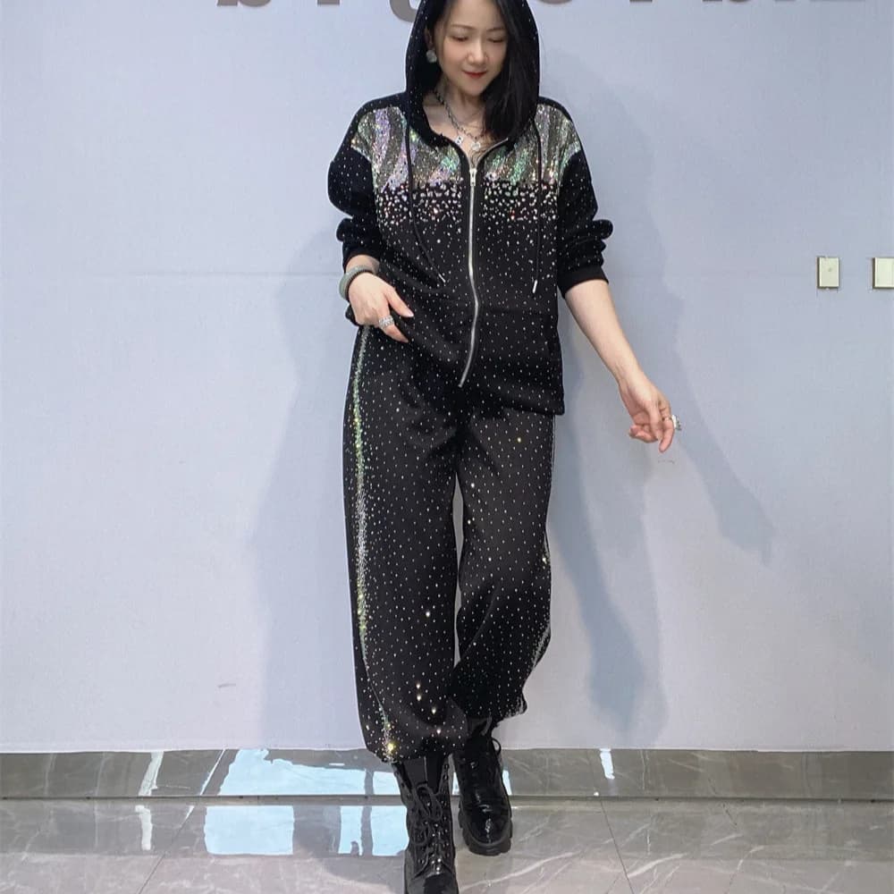 Oversized 2 Piece Sets Womens Outfits Diamonds Autumn Loose Black Tracksuit Casual Hooded Zipper Cardigan Top and Pant Suits