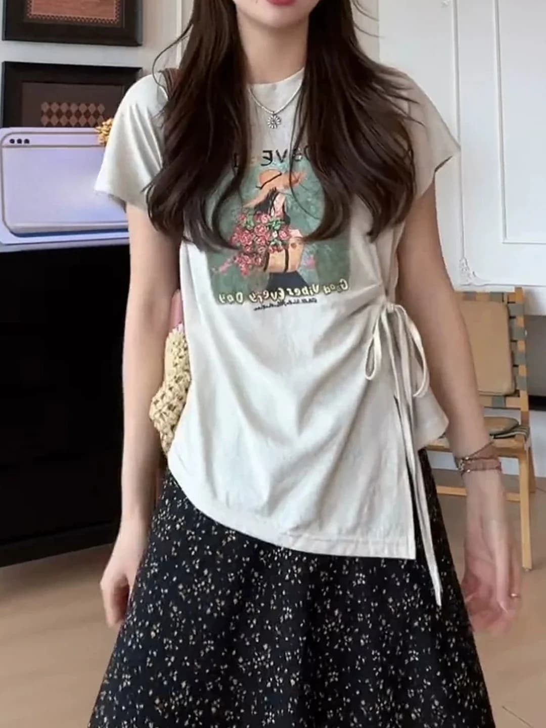 Korean Style Irregular Tie Waist Short Sleeve T-Shirt Women Summer New plus Size Conceal Meat Slimming Youthful Top
