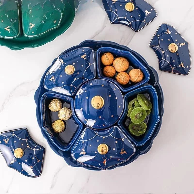 Piatto girevole in ceramica per frutta secca, con scomparti e coperchio, contenitore per snack e dolciumi per uso domestico quotidiano.
