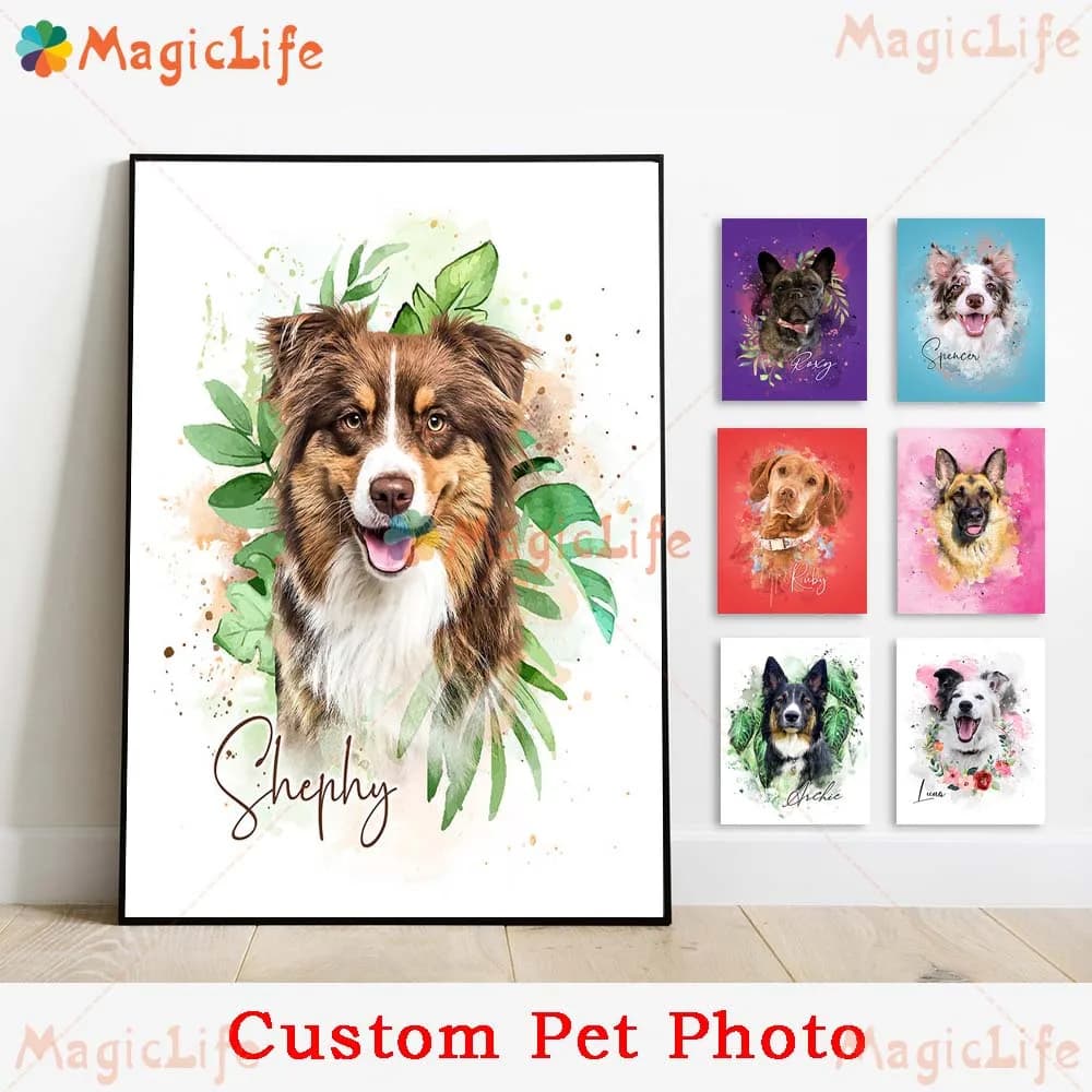Animali personalizzati Foglia Pianta Cane Gatto Animali domestici Nome foto Poster Wall Art Canvas Painting Immagini a parete per soggiorno Decor senza cornice
