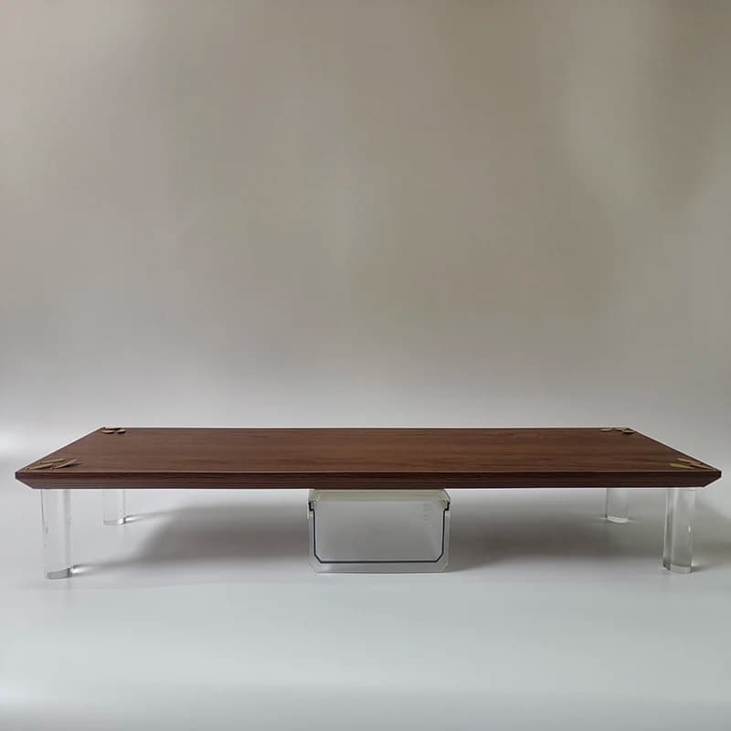 Support for modern walnut wood monitor with acrylic legs and brass leaves accents, raised table shelf for iMac, laptop or TV display