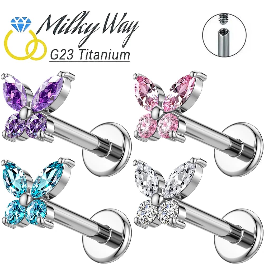 1PC Piercing Labret a Farfalla in Titanio G23 con Zirconi a Grappolo, Orecchino a Perno per Cartilagine Piatta, Gioielli per Piercing al Naso