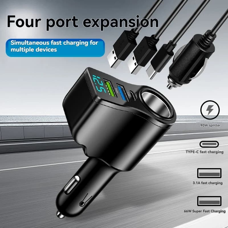 New Car Charger with Digital Display, Quick Charging, Dual USB Port, 66W Multifunction Car Adapter with Three Cigarette Lighting Outputs