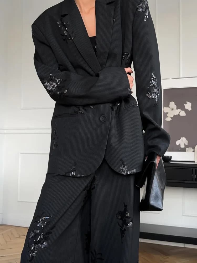 Moda Donna Camicia con paillettes Abito elegante Risvolto Maniche lunghe Top Pantaloni in vita elastica 2 pezzi Set 2026 Lady Street Abiti primaverili