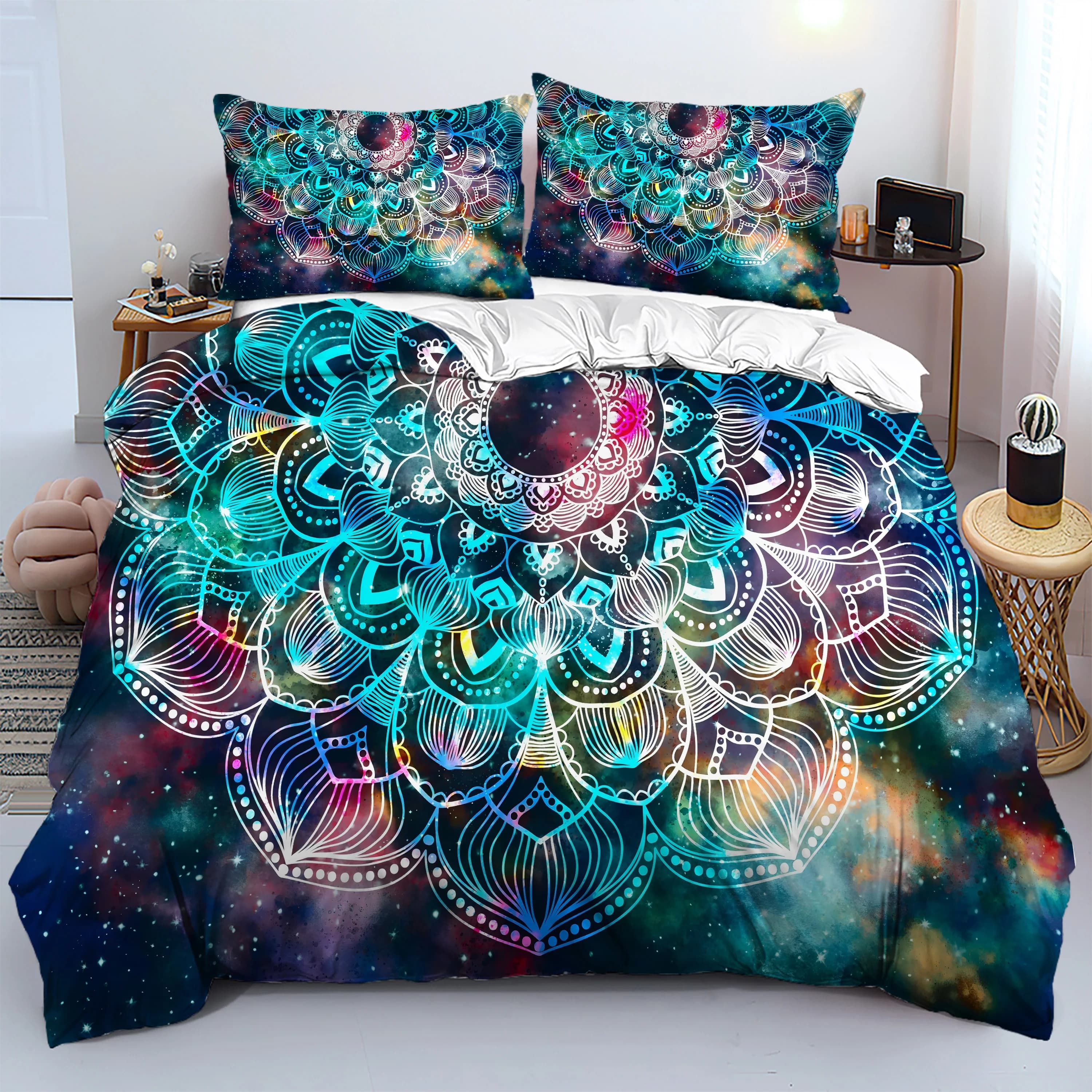 3D Printed 3D psychedelic model Boho Luxury bed linen set in fashionable bohemian style Federa for soft and comfortable headdress